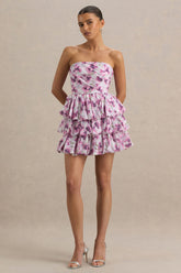 Swirl | Cream Floral Print Bandeau Puffball Mini Dress With Ruffle Detail